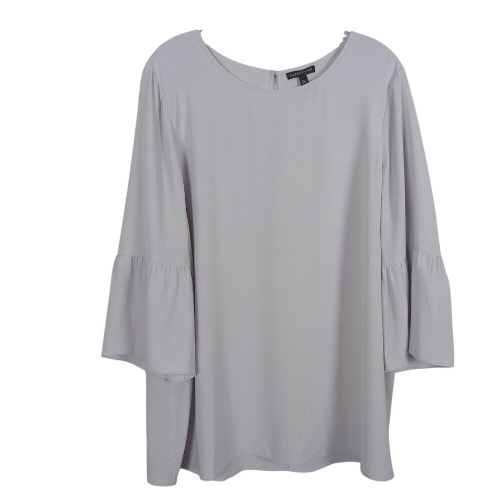 Eileen Fisher Blouse Womens Large Gray Silk Bell Sleeve Round Neck Tunic Top